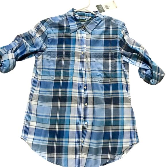 NWT Lauren Ralph Lauren Plaid Button-Down Shirt Size SMALL Roll Tab Sleeves - Picture 2 of 4